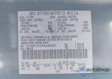 2000 Ford F-150 Lariat/Work Series/Xl/Xlt z USA, uszkodzony, nr VIN 1FTRX17L3YKA68561